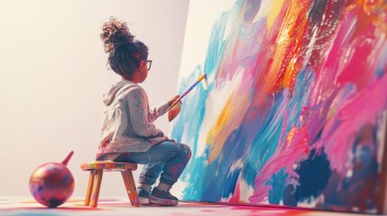 A child painting a colorful abstract artwork on a large canvas, expressing creativity.