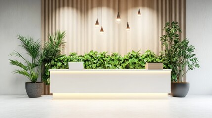 Modern reception area with greenery and pendant lighting.