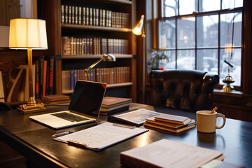 Clean Desk with Laptop, Coffee Mug, and Stacked Books . Generative AI