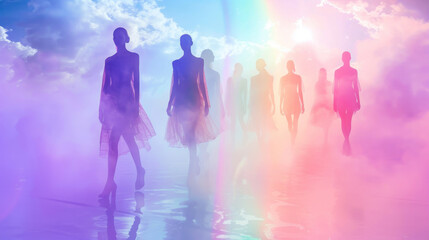 A fashion show in the clouds, with models walking on invisible runways, their outfits made of mist and rainbows that change color as they move