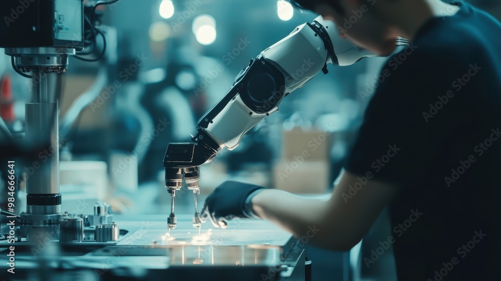Poster robotic arm performing precision manufacturing tasks in a high-tech factory