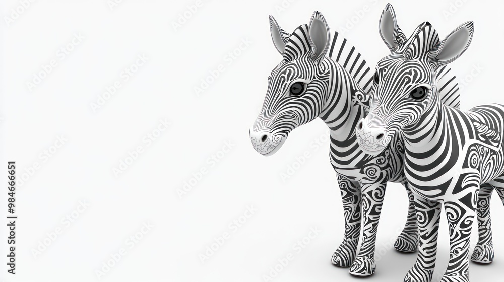 Poster two stylized zebras with intricate patterns on a minimalist background.