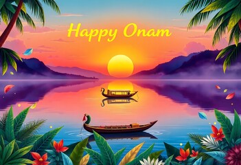 South Indian Hindu harvest Happy Onam day celebrate festival poster