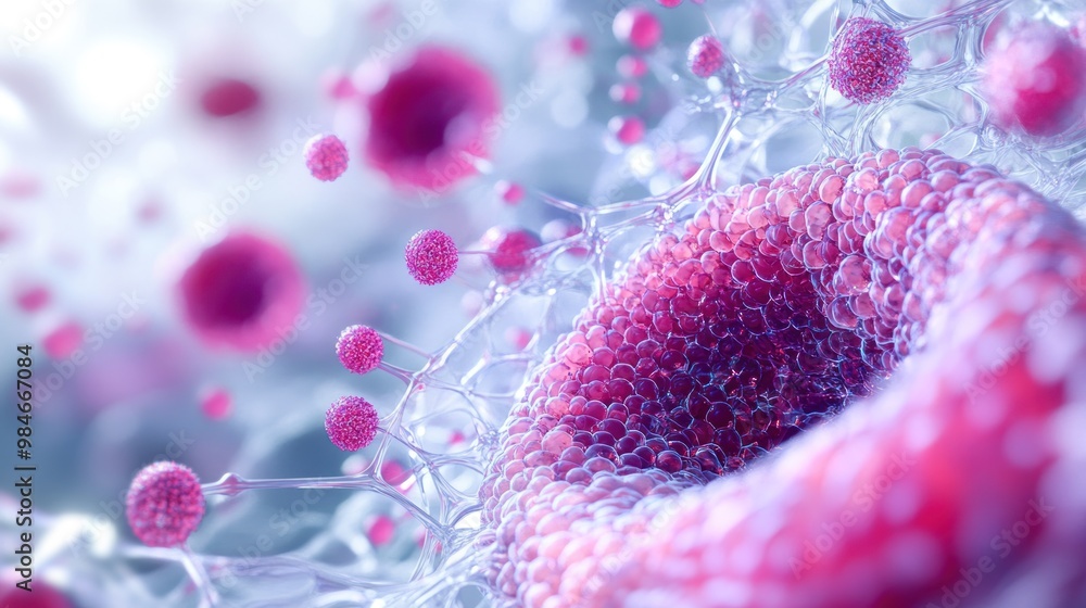 Poster close-up view of cellular structures with vibrant colors representing biological processes.