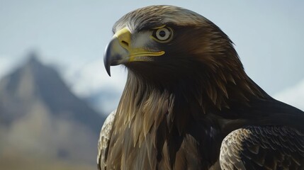 Obraz premium A close-up of a majestic eagle with a mountainous backdrop.