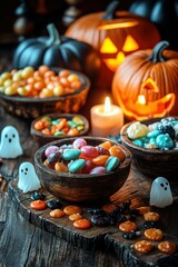 Naklejka premium A rustic wooden table decorated with vintage Halloween treats, including old-fashioned candy bowls, candles, and eerie ghost decorations, leaving soft space for copy in the background