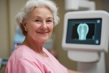 Senior patient undergoing a bone density scan during a health checkup, focusing on bone health and prevention of osteoporosis Bone density scan, Senior care