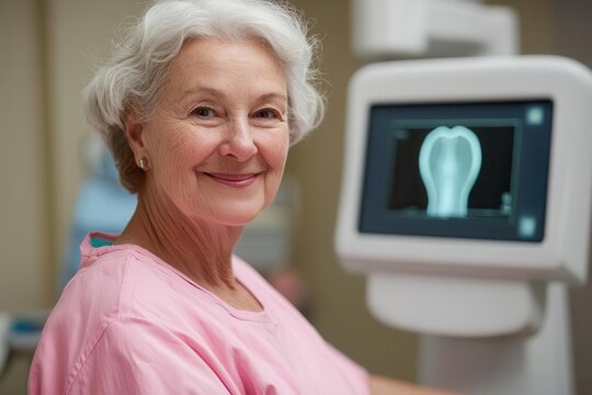 Senior patient undergoing a bone density scan during a health checkup, focusing on bone health and prevention of osteoporosis Bone density scan, Senior care