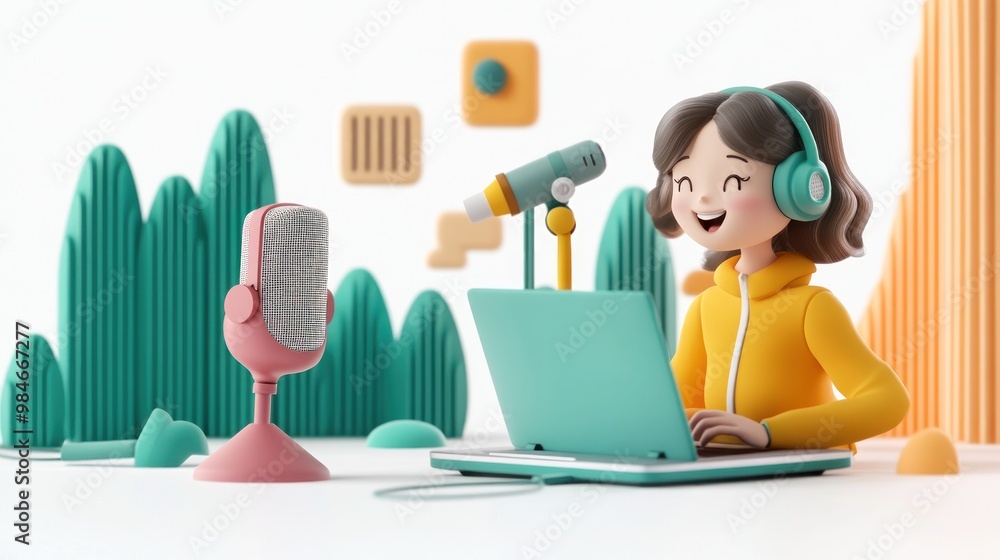 Poster a cheerful character using a laptop for podcasting with a microphone and colorful background.