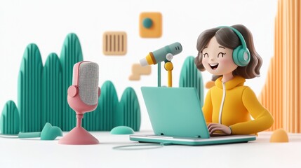 A cheerful character using a laptop for podcasting with a microphone and colorful background.