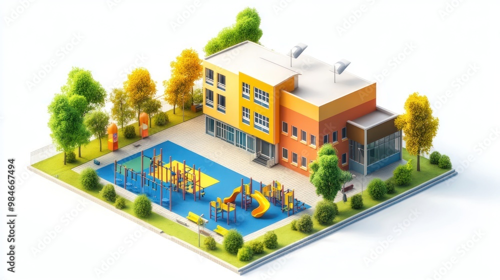 Poster a colorful school building with a playground, designed for children's recreation and learning.