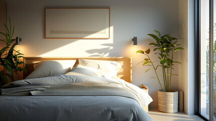 A simple yet elegant bedroom featuring comfortable bed, soft linens, and touch of greenery from potted plant. warm sunlight creates serene atmosphere, perfect for relaxation