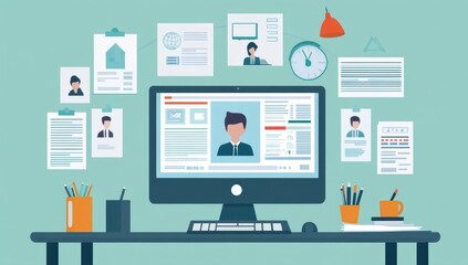 Online Personal Profile Vector Illustration on Computer Screen