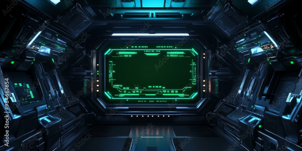 Poster a modern cyber interface with a holographic menu and responsive control panel, designed for immersiv