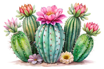 Vibrant watercolor cacti with pink blooms and textures