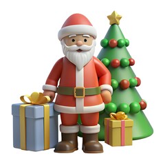 Fototapeta premium Cartoon Santa Claus character with gifts next to a colorful Christmas tree in a playful 3D style