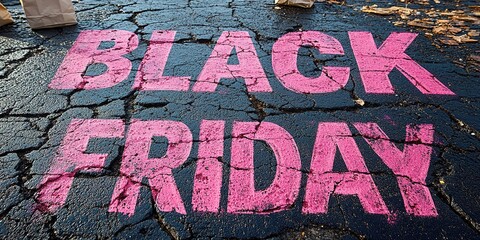 A close-up of a pink Black Friday inscription on the asphalt against a background of blurred people with colorful bags. The concept of discounts and sales