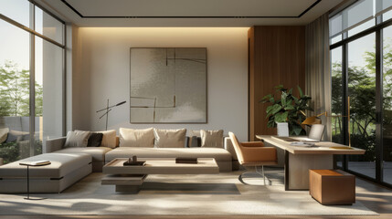 Fototapeta premium Modern home office with light furniture and clean lines, featuring spacious layout filled with natural light. design combines comfort and style, creating an inviting atmosphere