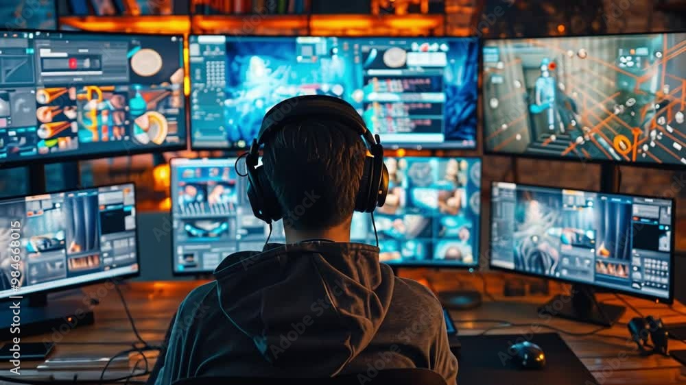 Poster a person wearing headphones is focused on an exciting gaming session, surrounded by multiple monitor