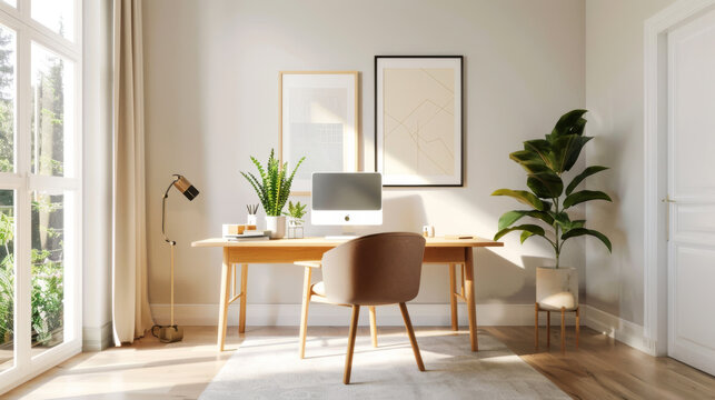 A clean home office setup features light colored desk, computer, and decorative plants, creating serene and productive workspace. Natural light enhances inviting atmosphere