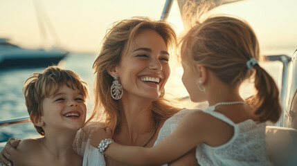 A joyful mother and her two children share a happy moment together on a boat with the golden sunlight illuminating their smiling faces.