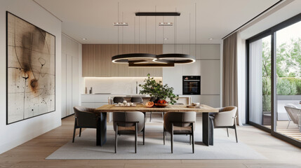 A contemporary dining room featuring wooden table, stylish chairs, and modern lighting. space is bright and inviting, perfect for gatherings and meals