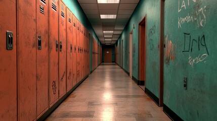 Fototapeta premium A long hallway featuring worn lockers and graffiti on the walls, evoking an atmosphere of nostalgia and school memories.