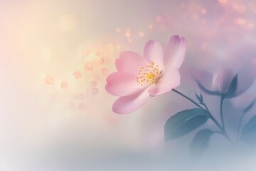 Delicate pink blossoms emerge softly through a dreamy mist in a tranquil spring garden