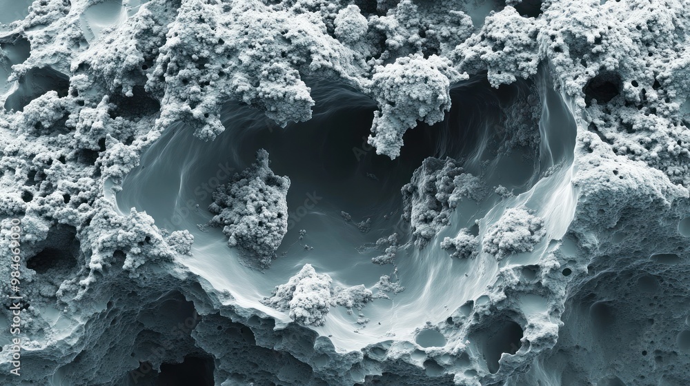 Poster a close-up of a microscopic surface revealing intricate textures and structures.