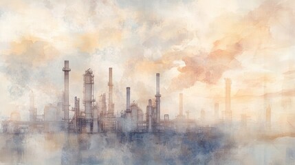 A serene watercolor depiction of an industrial skyline, with smokestacks blending into a misty horizon at sunrise.
