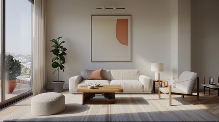 Fototapeta premium A minimalist living area featuring clean lines and soft colors, with cozy sofa, wooden coffee table, and stylish armchair. large windows allow natural light to fill space, creating serene atmosphere