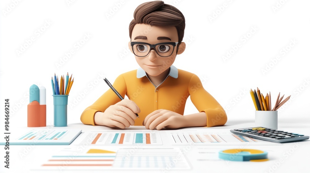 Aufkleber a young character analyzes data and charts while writing notes at a desk.
