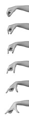 Set of different hand and arm gestures. Female hands holding, pinching, gripping, and showing