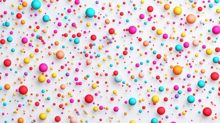 A colorful array of spheres scattered on a white background, creating a vibrant visual effect.
