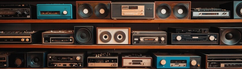 Obraz premium A vintage collection of audio devices displayed on a sleek wooden shelf, showcasing a variety of retro electronics.
