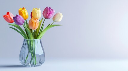 A vibrant bouquet of tulips in a clear vase against a soft background.