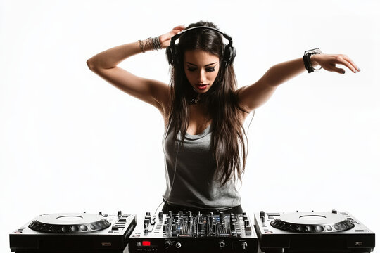 Dynamic female DJ mixing beats on turntables against a white background in a studio setting