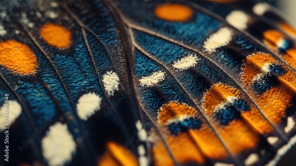 Poster close-up of a butterfly's colorful wing showcasing intricate patterns and textures.