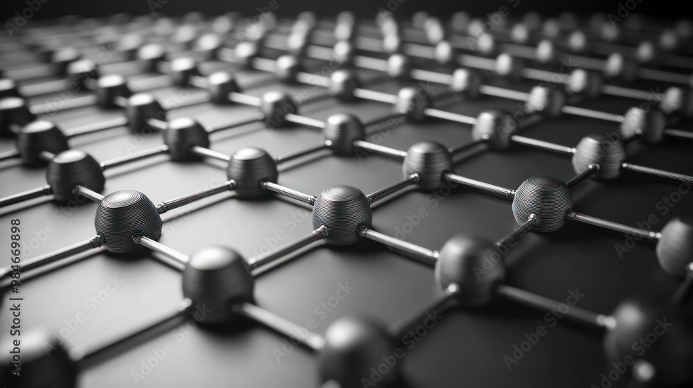 Poster a close-up view of a metallic atomic structure, showcasing interconnected elements.