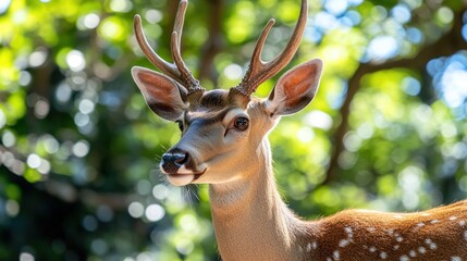 A close-up of a deer with antlers, surrounded by a blurred green background.