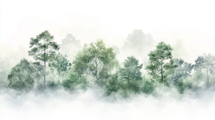 Serene landscape featuring lush green trees shrouded in mist, creating a tranquil and peaceful atmosphere in nature.
