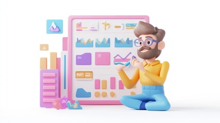 A 3D character analyzing data on a digital dashboard with various charts and graphs.