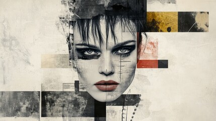 Striking portrait blending realism and abstract art, showcasing bold features and an enigmatic expression amidst a collage background.