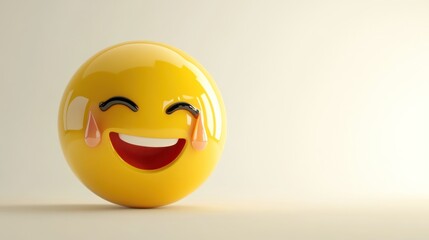 Fototapeta premium A cheerful yellow emoji with a big smile and tears of joy, symbolizing happiness and laughter.