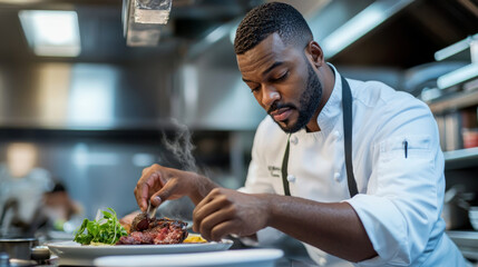 Chef preparing a gourmet dish in a professional kitchen.