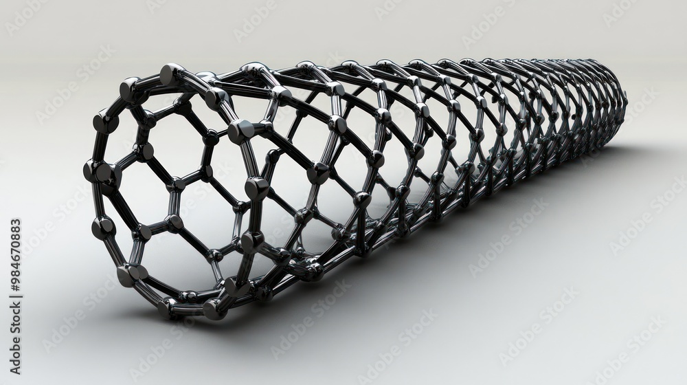 Poster a 3d representation of a carbon nanotube, showcasing its hexagonal structure.