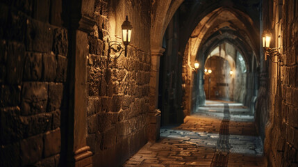 Fototapeta premium A dimly lit medieval castle corridor, with flickering wall sconces casting long shadows on the stone walls, creating a mysterious and atmospheric setting