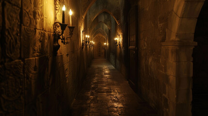 Fototapeta premium A dimly lit medieval castle corridor, with flickering wall sconces casting long shadows on the stone walls, creating a mysterious and atmospheric setting