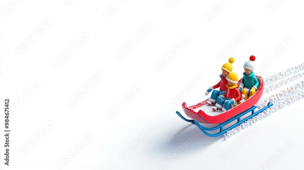 Poster a colorful sledding scene with three figures enjoying winter fun.