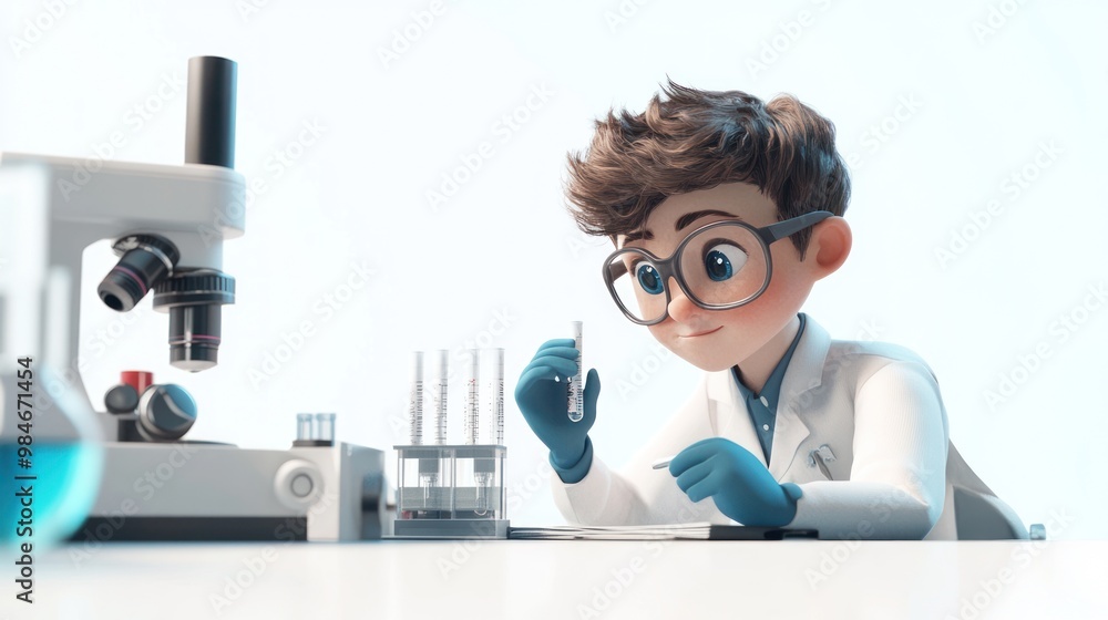 Poster a young scientist examines samples with a microscope in a lab setting.